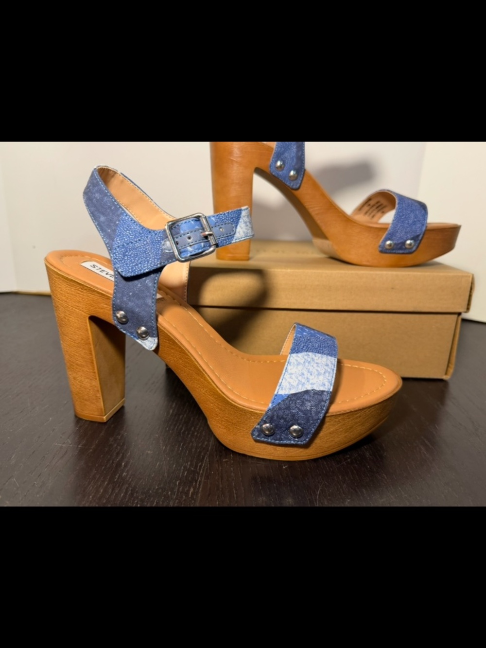Steve Madden Heatwave Patchwork Platform Sandals Heels Blue Multi Womans 8.5M